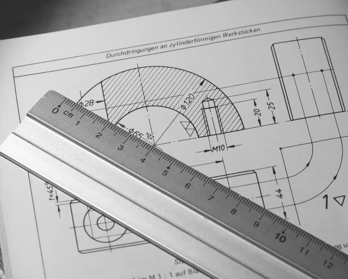 Technische Zeichnung eines Werkstücks mit Stahllineal