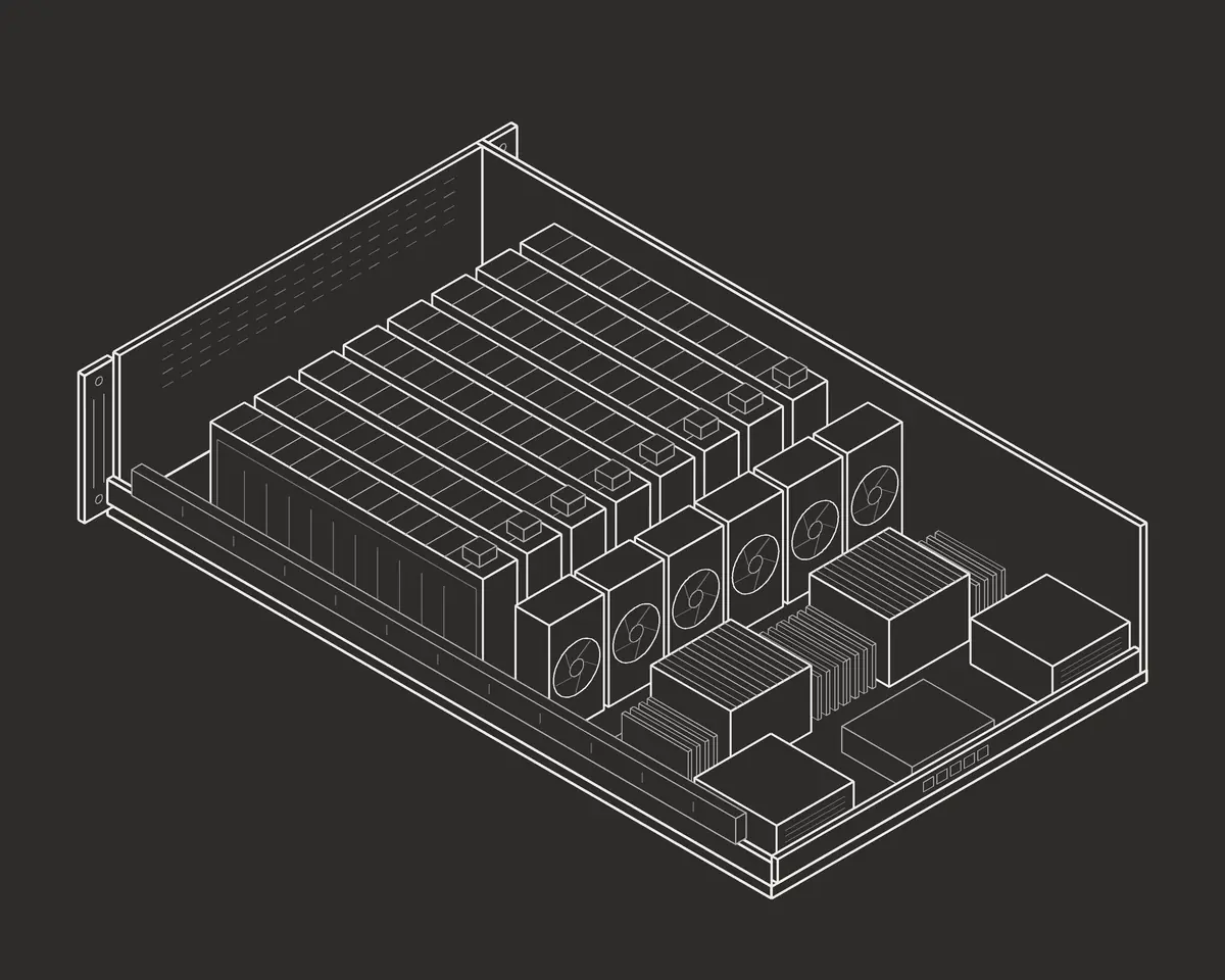 Illustration eines geöffneten GPU-Servers mit acht Grafikkarten, Lüfterwand und Netzteilen, KI-generiert