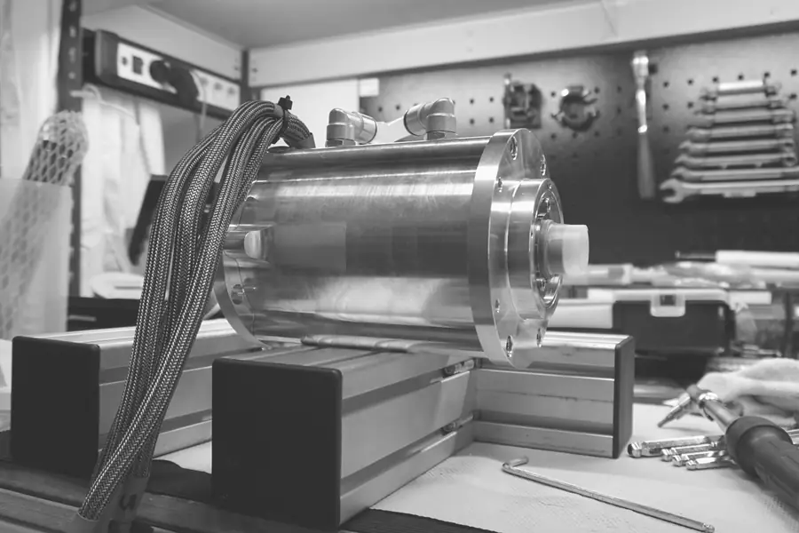 Bauteil auf der Werkbank, dahinter Werkzeug